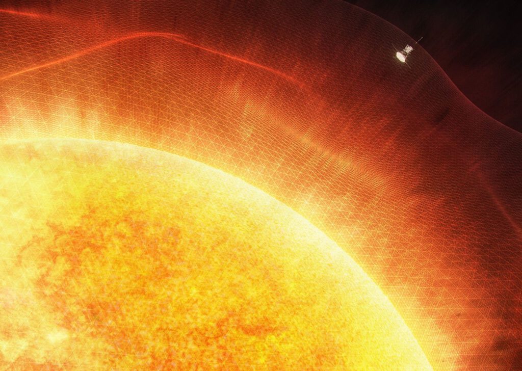 Diese Konzeptgrafik zeigt die NASA Parker Solar Probe kurz vor dem Eintritt in die Sonnenkorona | Bild: NASA/Johns Hopkins APL/Ben Smith